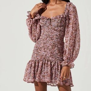 Astr Floral Puff Sleeve Mini Dress - Pink and Red